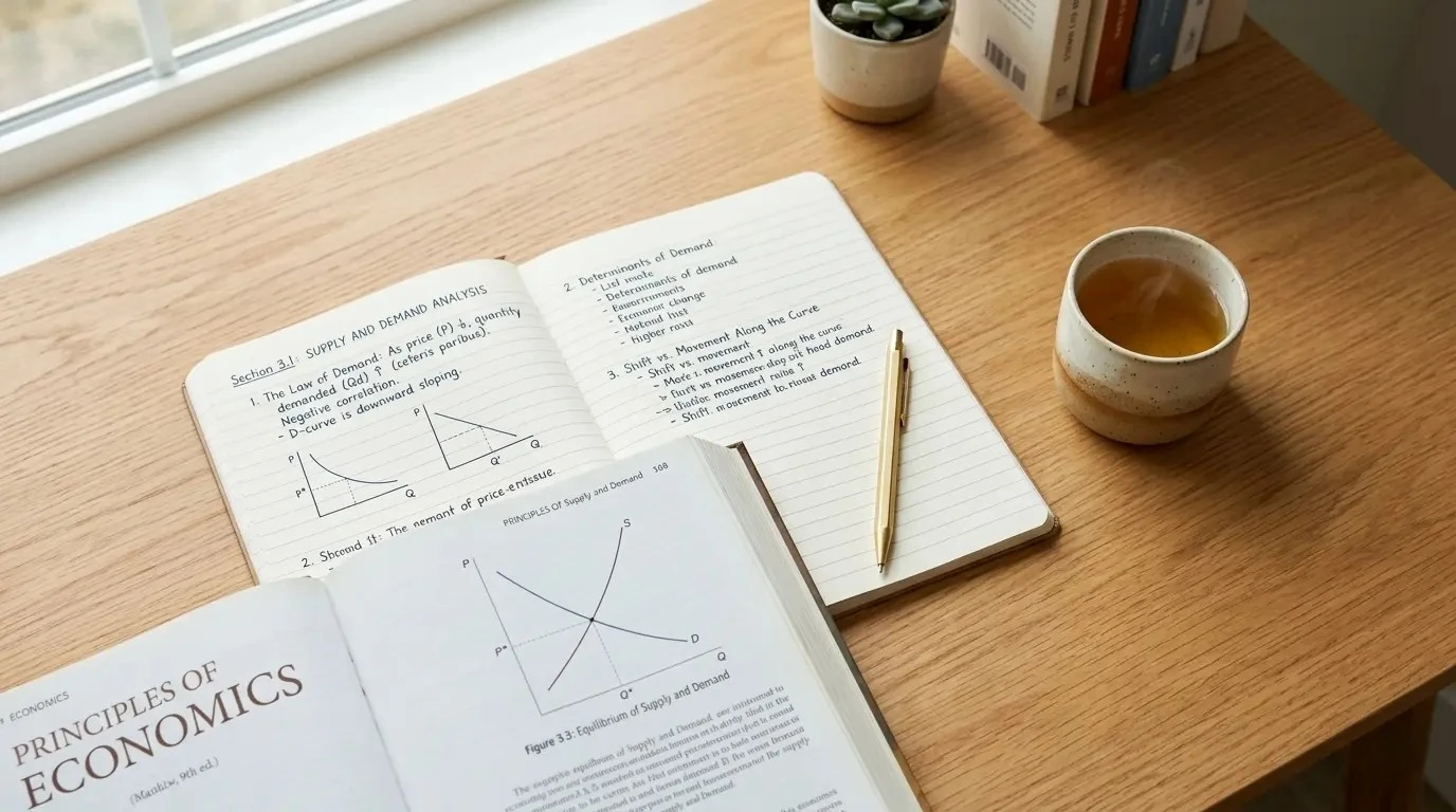 Open notebook and study materials on a warm desk